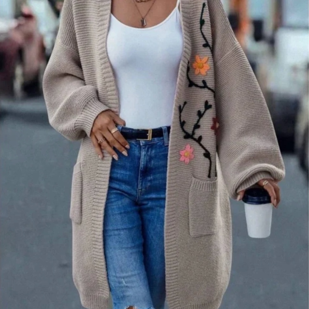 Oversized Floral Embroidered Longline Balloon Sleeve Cardigan Taupe L SHEIN